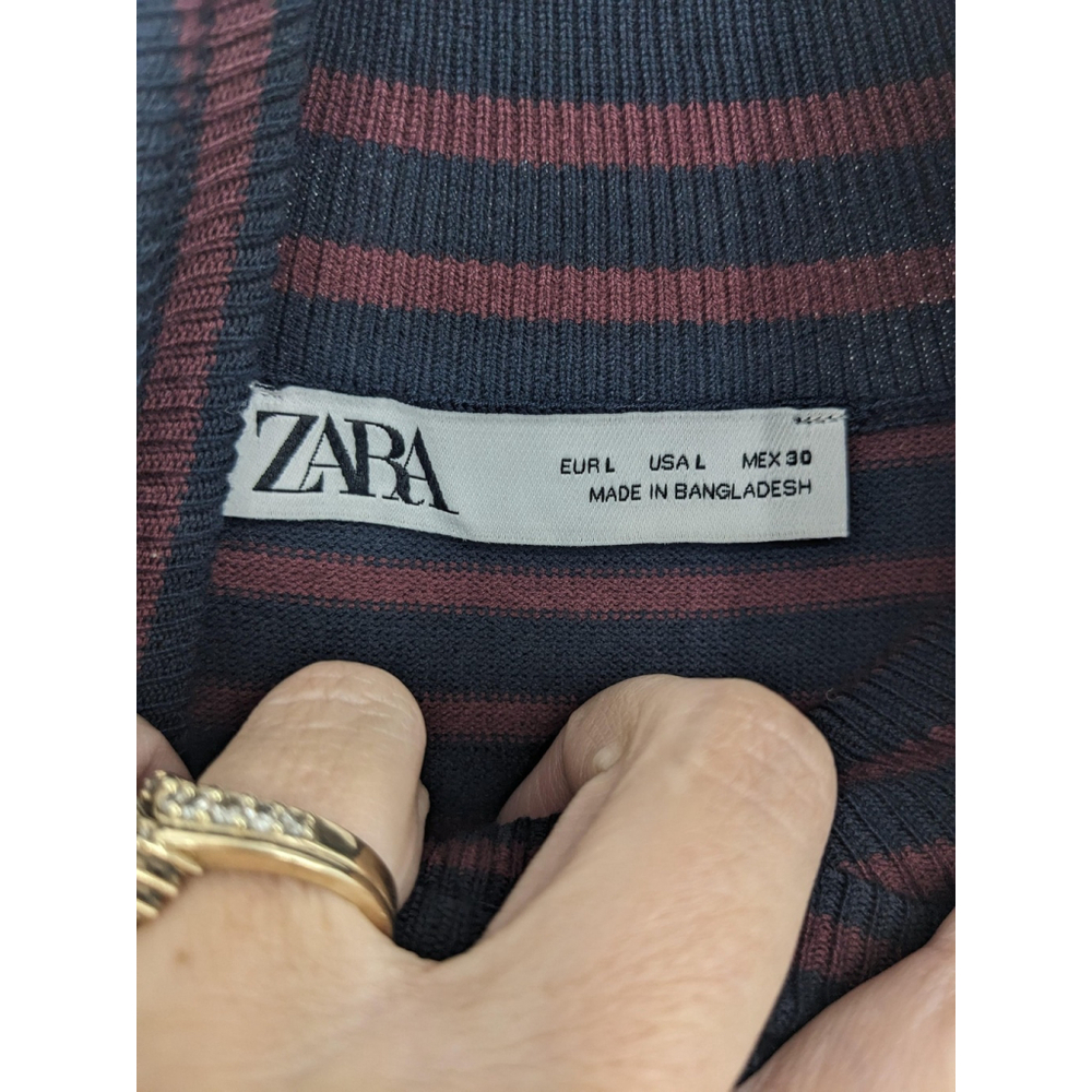 Zara Sweater Women Large Blue Turtleneck Pullover Knit Stripe Long Sleeve Top - Picture 5 of 9